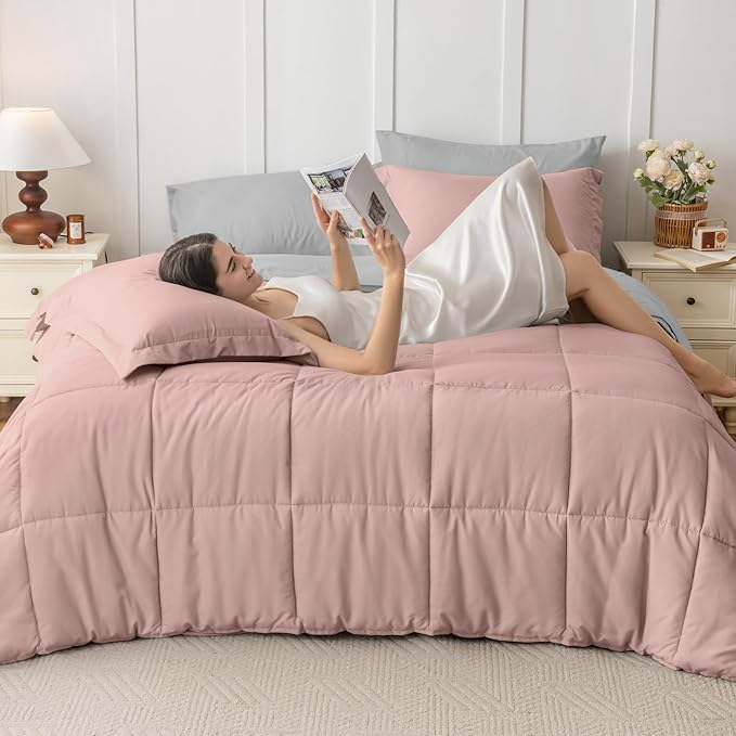 JOLLYVOGUE Twin Comforter Set, Ultra-Soft Bed in a Bag Twin Size 5 Pieces, Oeko-TEX Certified Bedding Set with Down Alternative Comforter, Sheets, Pillowcases & Shams, Pink & Light Grey