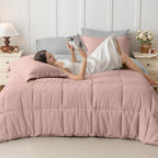 JOLLYVOGUE King Comforter Set, Ultra-Soft Bed in a Bag King Size 7 Pieces, Oeko-TEX Certified Bedding Set with Down Alternative Comforter, Sheets, Pillowcases & Shams, Pink & Light Grey