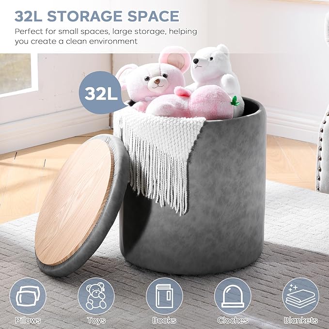 12.6" W x 14.17" H & 14.76" W x 17.32" H Round Set of 2 Ottoman with Storage Vanity Stool for Makeup Multifunctional Ottomans Padded Seat Foot Rest, Padded Seat Footrest for Living Room,Grey