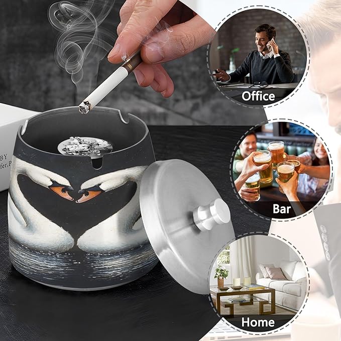 Swans Ashtray with Lid, Outdoor Ashtrays for Patio, Stainless Steel Ashtray Odorless Smokeless for Home Office Balcony