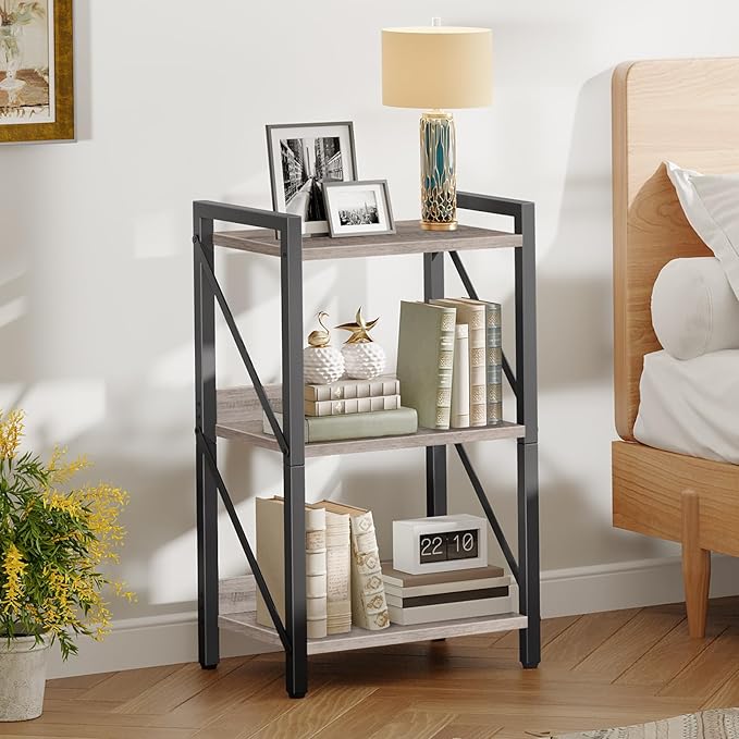HOOBRO Bookshelf, 3-Tier Industrial Bookcase, Book Shelf Storage Organizer, Small Bookshelf with Metal Frame for Living Room, Bedroom, Home Office, Kitchen, Greige and Black BG71SJ01