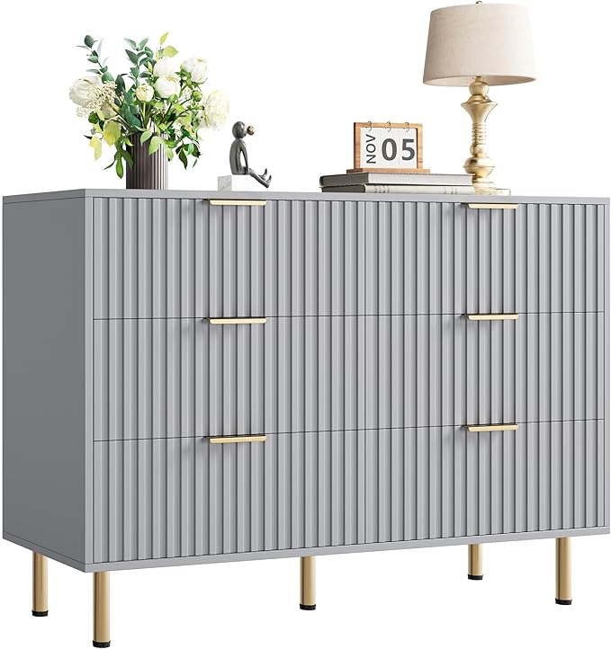 6 Drawer Dresser for Bedroom, Fluted 47.2 in Wide Modern Chest of Drawers with Deep Drawers, Long Large Double Dresser TV Stand, Wooden Dresser Organizer for Living Room, Hallway, Kids Room, Grey