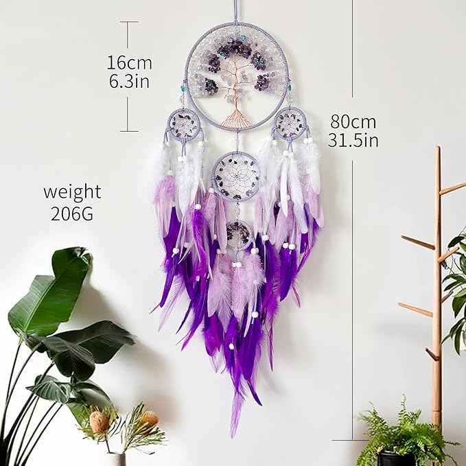 Tree of Life Dream Catchers, Perfect Butterfly Crystal Handmade Art Dream Catchers for Home Wall Hanging Decoration, Kids Bedroom Decor, Adults Teens Girls Festival Blessing Gift (Purple)
