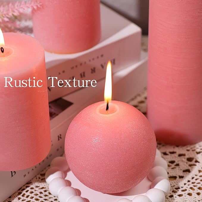 Pink Rustic Textured Pillar Candles Set - 4 Pcs Assorted Sizes Unscented Pillar Candle, Decorative Farmhouse Candles for Home Centerpiece Decor, Holiday Dinner Table, Dripless & Smokeless