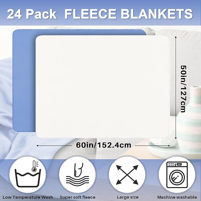 Newwiee 24 Pcs Fleece Throw Blankets Bulk 50'' x 60'' Oeko-tex Standard 100 Certified Spring Outdoor Wedding Guest Blankets Lightweight for Sleepover Donation Lap Pet Sofa Home (Mist Blue/White)