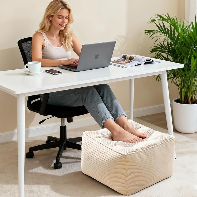 Square Pouf Ottoman, Boho Stuffed Poufs Ottoman with Memory Foam Filled 21.6 x 15.7 inches Modern Corduroy Foot Rest Stool for Living Room, Beige