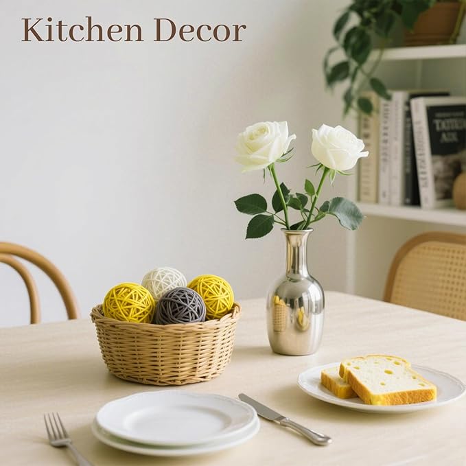 DomeStar 24PCS Yellow Decorative Balls for Bowl Centerpiece, 2 Inch Rattan Bowl Fillers - Wicker Twig Orbs Spheres for Yellow Kitchen Home Decor Vase Table Scatters