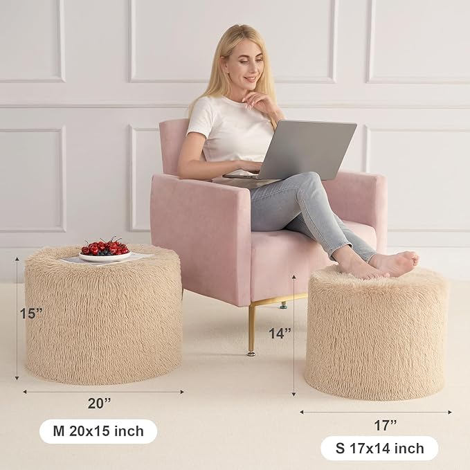Hansleep Round Pouf Ottoman Foot Rest, 20 x 15 Small Faux Fur Stuffed Pouf for Chair, Foam Filled Foot Stools Ottomans for Living Room, Brown