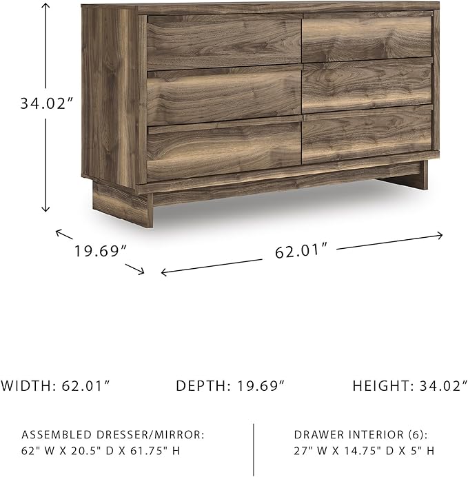 Signature Design by Ashley Darcalli Retro 6 Drawer Dresser with Easy Glide and Safety Stop, Brown