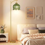 Glass Floor Lamp for Living Room,Bedroom,Gold Dimmable Standing Lamp with Remote,Mid Century Modern Brass Tall Lamp Boho Vintage Floor Lamps Arc Green Tulip Flower Floor Light Lamp Bohemian