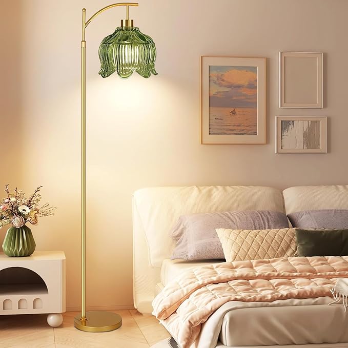 Glass Floor Lamp for Living Room,Bedroom,Gold Dimmable Standing Lamp with Remote,Mid Century Modern Brass Tall Lamp Boho Vintage Floor Lamps Arc Green Tulip Flower Floor Light Lamp Bohemian