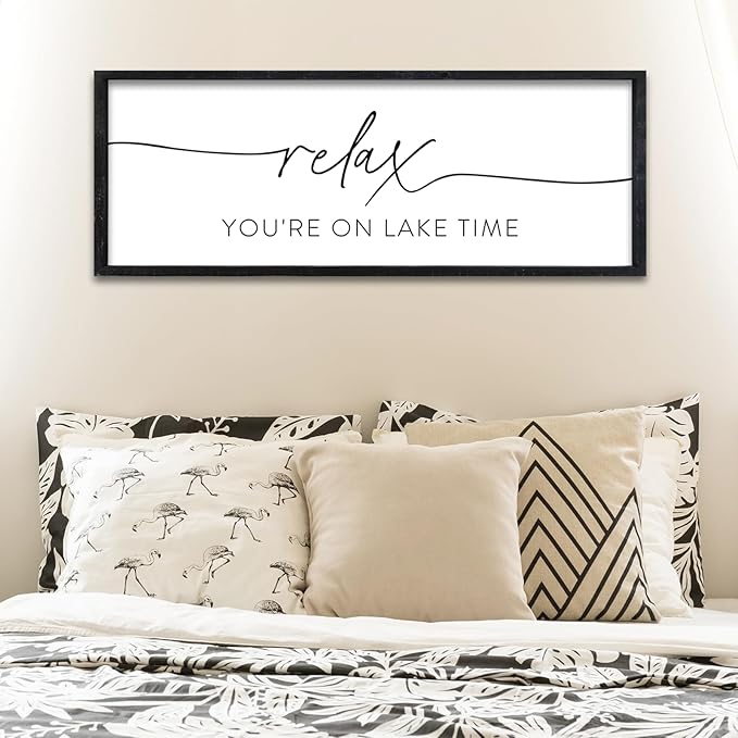 Surfapans Lake House Wall Decor Relax You're On Lake Time Sign 32"×12" for Bedroom Above Over Bed Lakeside Retreat Living Room Minimalist Large Wood Framed Horizontal Wall Hanging Art (Black)