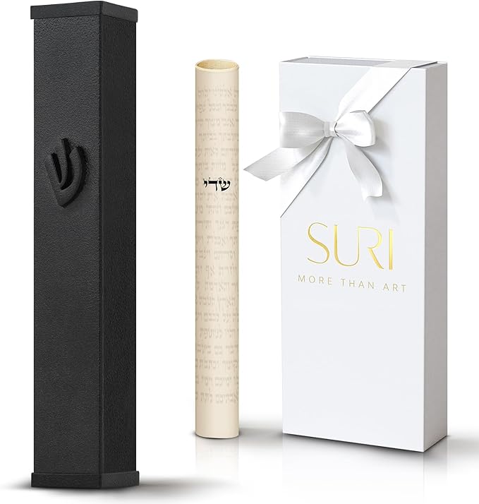 SURI Mezuzah Case for Door with Printed Scroll– 5.5 Inch Black Aluminum Jewish Mezuza Cover, Self-Stick Adhesive, Fits a 5 Inch Scroll, Gift Box Included