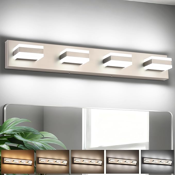 SOLFART Bathroom Light Fixtures Brushed Nickel Vanity Lights for Bathroom Above Mirror, 4 Light Led Lighting Fixture, Nickel Vanity Light,5 Color Temperature Adjustable Light Over Mirror