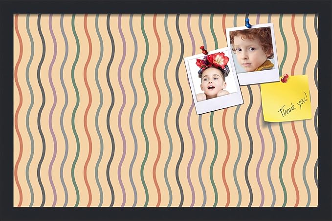 PinPix 22x14 Inch Cork Bulletin Board. This Decorative Framed Pin Board Comes with Multi Color Waves Design and a Satin Black Frame. Ideal for Home Office Decor or Message Board (PinPix-565)
