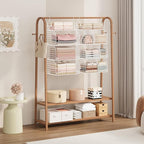SWTYMIKI Hanging Closet Organizer Storage - 4 Tier Metal Stackable Hanging Closet Shelves with Dividers and S Hooks, Foldable Clothes Shelves for Clothes, Pants, Shoes, Coat, Hats Clutches Accessories