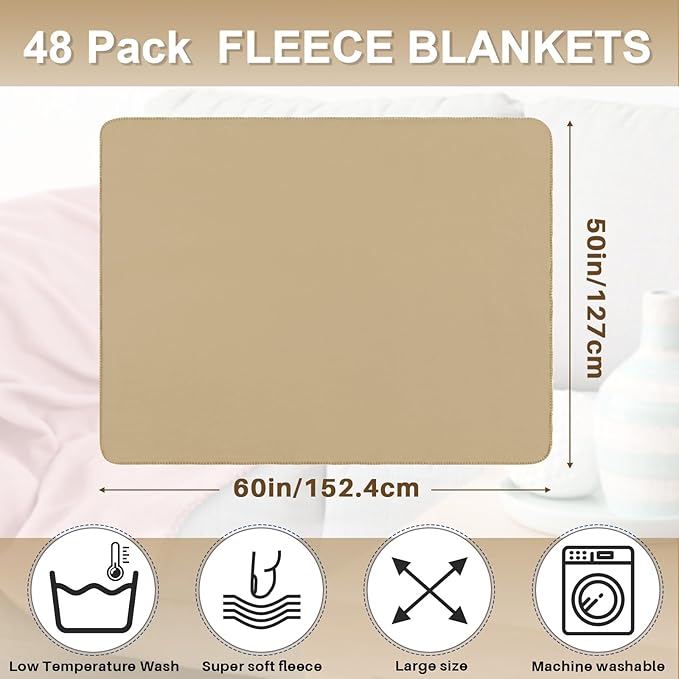 Newwiee 48 Pcs Fleece Throw Blankets Bulk 50'' x 60'' Oeko-tex Standard 100 Certified Spring Outdoor Wedding Guest Blankets Lightweight for Sleepover Donation Lap Pet Sofa Home (Khaki)