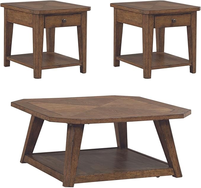 Liberty Furniture Carolina Park 3 Piece Set for Living Room - Octagonal Cocktail Table, 2 End Tables - Amber Brown Oak