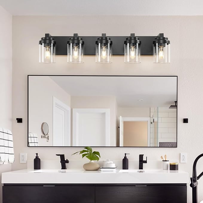 5-Light Bathroom Vanity Light Bathroom Light Fixtures Over Mirror, 31" Black Vanity Lights with Glass Shade, Modern Wall Sconce for Cabinet Porch Bedroom, Hallway E26