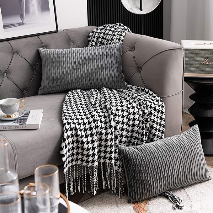 Grey Striped Decorative Pillow Cases: 2 Pack 12x20 Inch Original Velvet Rectangular Throw Pillow Covers for Farmhouse Couch