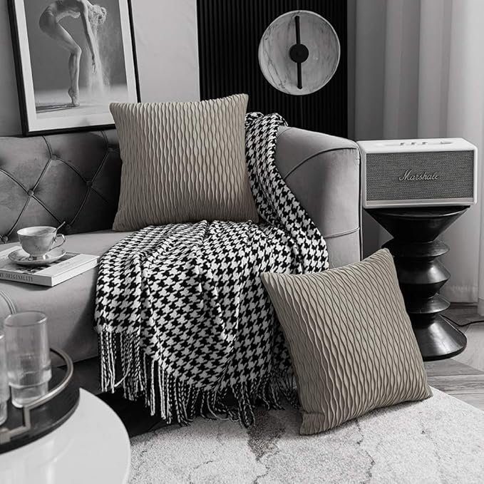 Tan Throw Pillow Cases 18x18: 2 Pack Inch Original Striped Velvet Square Decorative Pillow Covers for Farmhouse Couch