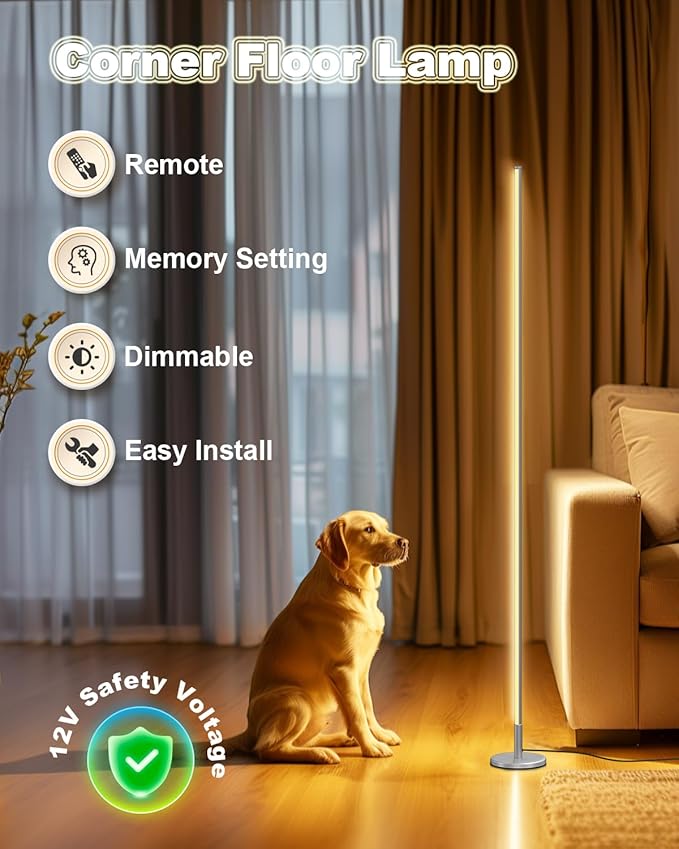 TACAHE Minimalist Corner Floor Lamp - 2700K-6500K Dimmable LED Night Light - Modern Standing Mood Lamp with Remote Control for Living Room, Bedroom - 57" 12W - Silver - 1Pack