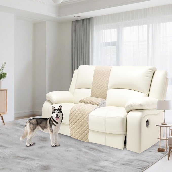 Reclining Sectional Couch Covers Velvet L Shape Recliner Sofa Middle Console Cover for Dogs Pets Washable Anti Slip 1 Additional Recliner Center Console Slipcovers (1 Console, Beige)