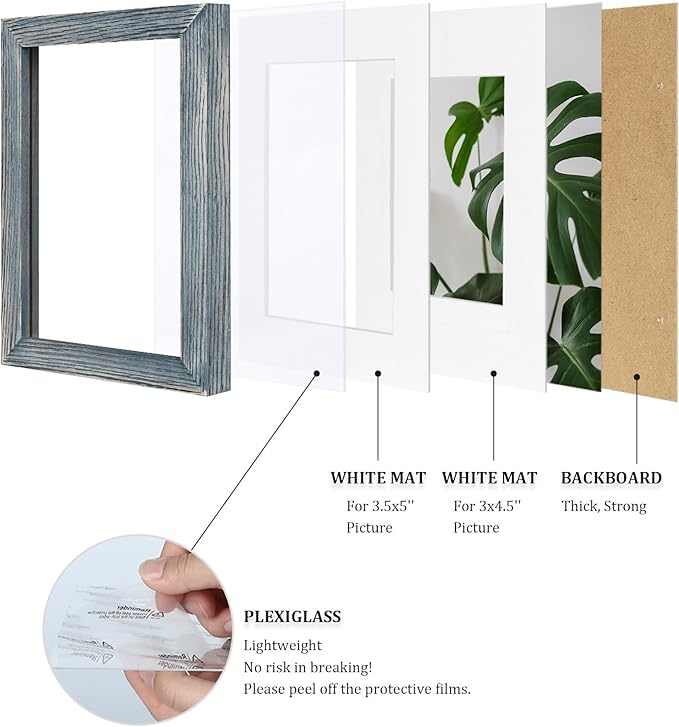 Egofine 4x6 Picture Frames Set of 4, Made of Solid Wood Covered by Plexiglass 3x4.5 and 3.5x5 with Mat or 4x6 without Mat, for Table Top Display and Wall Mounting Photo Frame, Rustic Blue