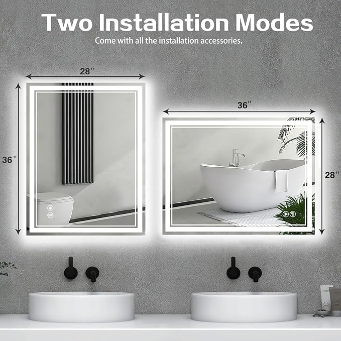 28“ x 36” LED Bathroom Mirror Fogless LED Mirror for Bathroom Dimmable 3 Colors Lights Smart Vanity Mirror Touch Sensor Home Decor Wall Mounted Horizontal/Vertical