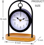 Metal Black Farmhouse Desk Clock with Wooden Base, Decorative Table Clock for Living Room, Silent Mantel Clocks Shelf Decor Battery Operated, 10 x 8 x 4.5 Inches, Black