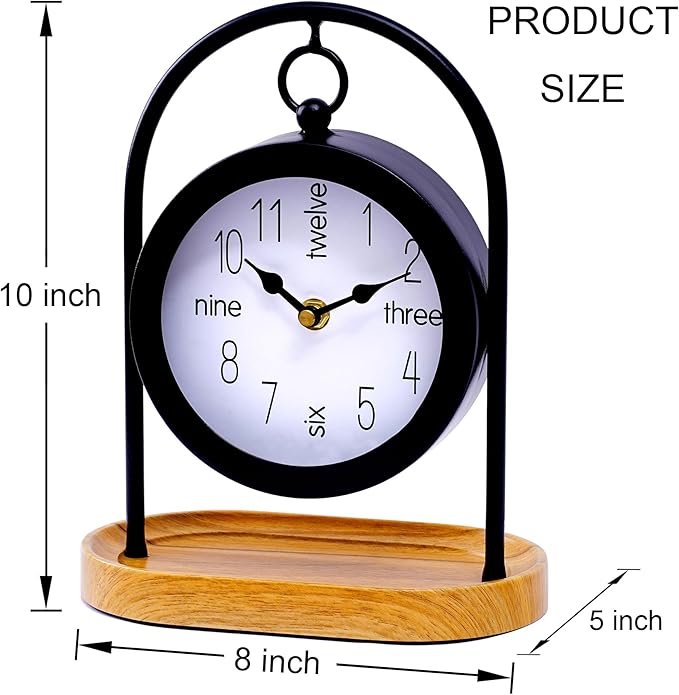Metal Black Farmhouse Desk Clock with Wooden Base, Decorative Table Clock for Living Room, Silent Mantel Clocks Shelf Decor Battery Operated, 10 x 8 x 4.5 Inches, Black