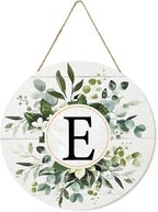 Smile Monogram Letter E Wreaths Wooden Welcome Sign, Family Last Name Initial Front Door Wall Decoration, Floral Spring Summer Porch Rustic Home Kitchen Decor