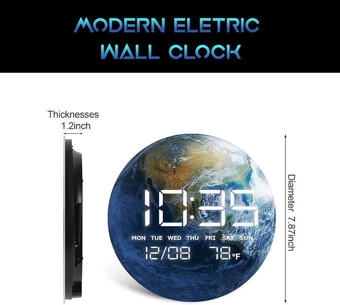Digital Wall Clock, LED Moon/Earth Design, Temperature Display, 7.87 x 7.87 inches (Earth, 7.87 INCH)