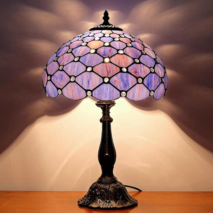 Tiffany Lamp Vintage Deep Blue Stained Glass Bead Table Lamp Desk Bedside Reading Light Decor Bedroom Living Room Home Office D12*H18 Inches