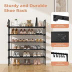 5 Tier Shoe Rack for Closet Shoe Organizer with 5 Hooks, Long Shoe Shelf Storage for Shoe and Boot Stackable Free Standing Shoe Rack for Entryway, Garage, Small Spaces, Dorm, Black