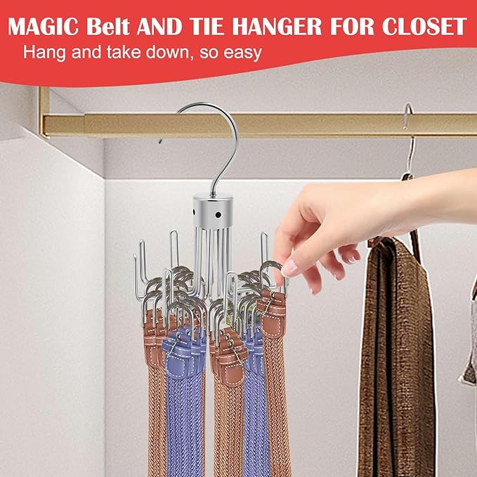 Belt Hanger for Closet, Rotatable Belt Organizer Closet Accessories Rack for Display, Holds up to 27 Items, 9 Large Non-Slip U-Shaped Holder Storage Hooks for Belt, Scarf, Silver