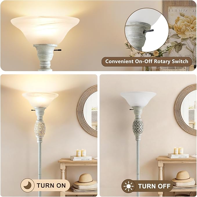 Luvkczc 70" Torchiere Floor Lamp with NightLight - Floor Lamps for Living Room, Bedroom, Office - Vintage Floor lamp with Rotary Switch & Etched Glass Shade, Home Decor, Bulb Included