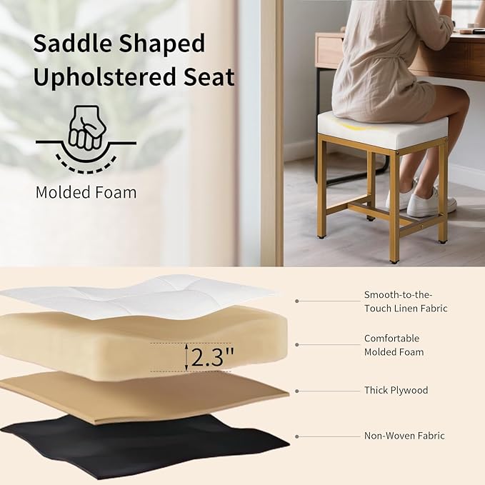 Saddle Seat Vanity Stool, Makeup Stool Chair with Metal Leg, U-Shaped Ottoman Foot Rest Stool, Small Square Chairs Under Desk for Vanity, Living Room, Bedroom, Modern Makeup Bench Linen White&Gold