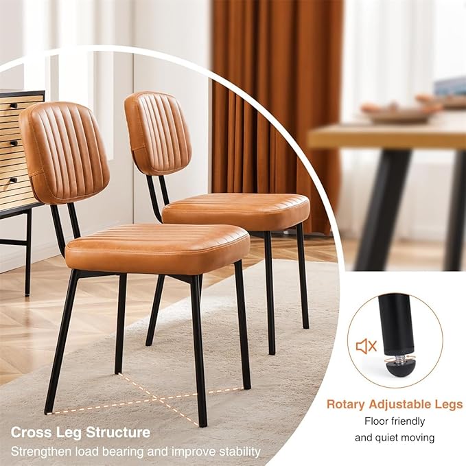 Dining Chairs Set of 2, Mid Century Modern Upholstered Kitchen Chair with PU Leather Cushion Seat & Metal Legs for Home/Living Room/Bedroom/Office-Brown