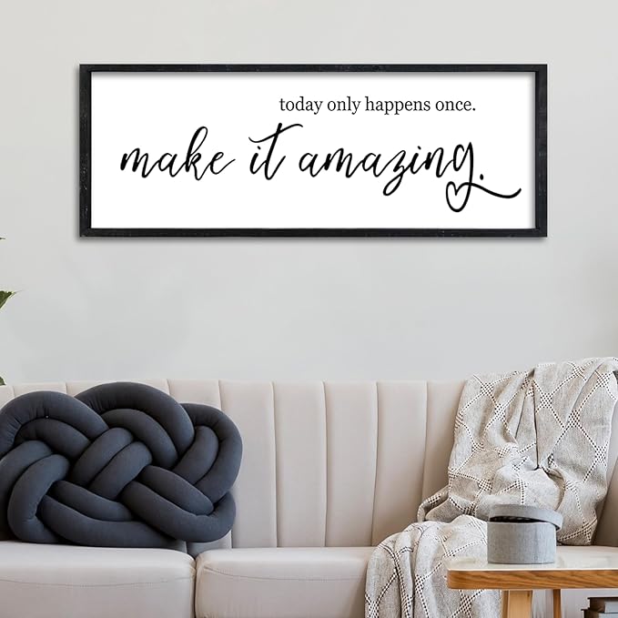 Surfapans Inspirational Wall Decor 32"X12" Today Only Happens Once Make It Amazing Sign Motivational Quote Office Positive Large Rustic Farmhouse Living Room Horizontal Wall Hanging Art (Black)