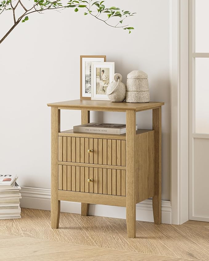 Fluted Nightstand, Farmhouse Night Stand with 2 Drawers, Mid Century Modern Side Accent Table,Bedside End Table for Bedroom, Living Room, Yellow Oak