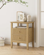Fluted Nightstand, Farmhouse Night Stand with 2 Drawers, Mid Century Modern Side Accent Table,Bedside End Table for Bedroom, Living Room, Yellow Oak