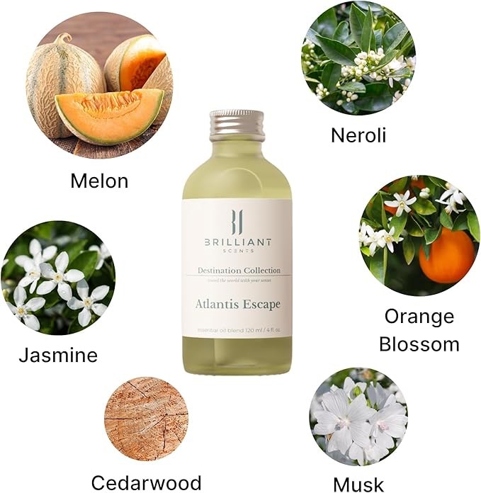 Brilliant Scents Atlantis Escape Fragrance Oil 200ml - Premium Diffuser Oil for Home, Office, Hotels - Long Lasting, Plant-Based, Meets IFRA Standards, USA-Made - Neroli, Orange Blossom, Vanilla