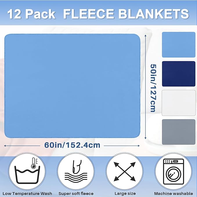 Newwiee 12 Pcs Fleece Throw Blankets Bulk 50'' x 60'' Oeko-tex Standard 100 Certified Spring Outdoor Wedding Guest Blankets Lightweight for Sleepover Donation Lap Pet Sofa Home (Blue Shades)