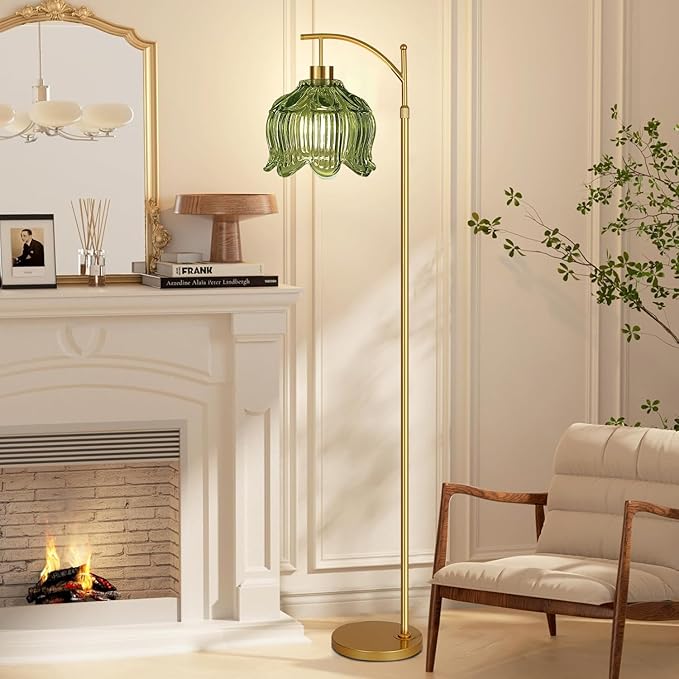 Glass Floor Lamp for Living Room,Bedroom,Gold Dimmable Standing Lamp with Remote,Mid Century Modern Brass Tall Lamp Boho Vintage Floor Lamps Arc Green Tulip Flower Floor Light Lamp Bohemian