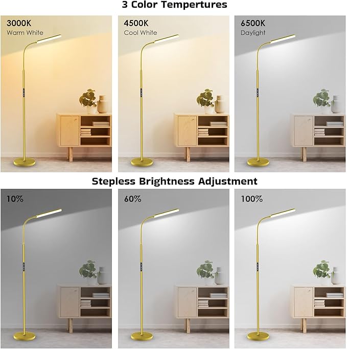 Dimunt LED Floor Lamp, Bright 15W Floor Lamps for Living Room with 1H Timer, Stepless Adjustable 3000K-6000K Colors & Brightness Standing Lamp with Remote & Touch Control Reading Floor Lamps-Golden