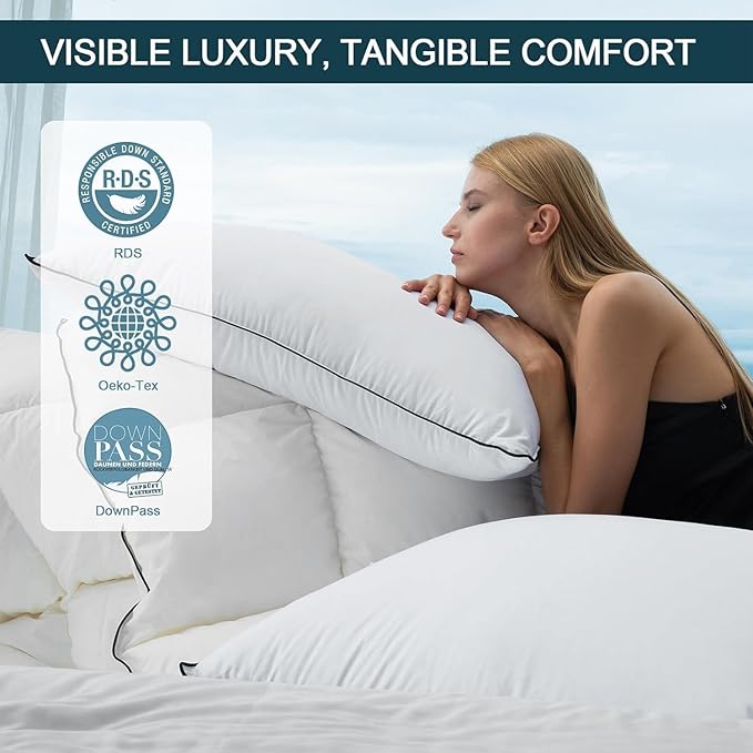 Luxury Down Fiber Pillows Queen Size, Bed Pillows for Sleeping, Pillow for Back, Stomach or Side Sleepers (Modern 70, White, Standard (Pack of 2)) (White 50, Standard (Pack of 2))