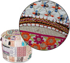 Aakriti Gallery Indian Pouf Footstool Ethnic Embroidered Pouf Cover, Indian Cotton Round Pouffe Ottoman Pouf Cover Pillow Ethnic Decor Art - Cover Only (White, 22x14)