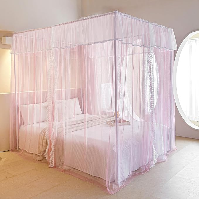 AIKASY 4 Corners Post Ruffle Princess Bed Canopy Curtain - Double Layer Cozy Drape Netting with 4 Openings - Elegant Mosquito Net for Girls and Adults Bedroom Decoration (Pink, Twin)