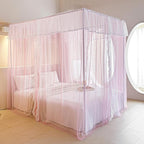 AIKASY 4 Corners Post Ruffle Princess Bed Canopy Curtain - Double Layer Cozy Drape Netting with 4 Openings - Elegant Mosquito Net for Girls and Adults Bedroom Decoration (Pink, Twin)
